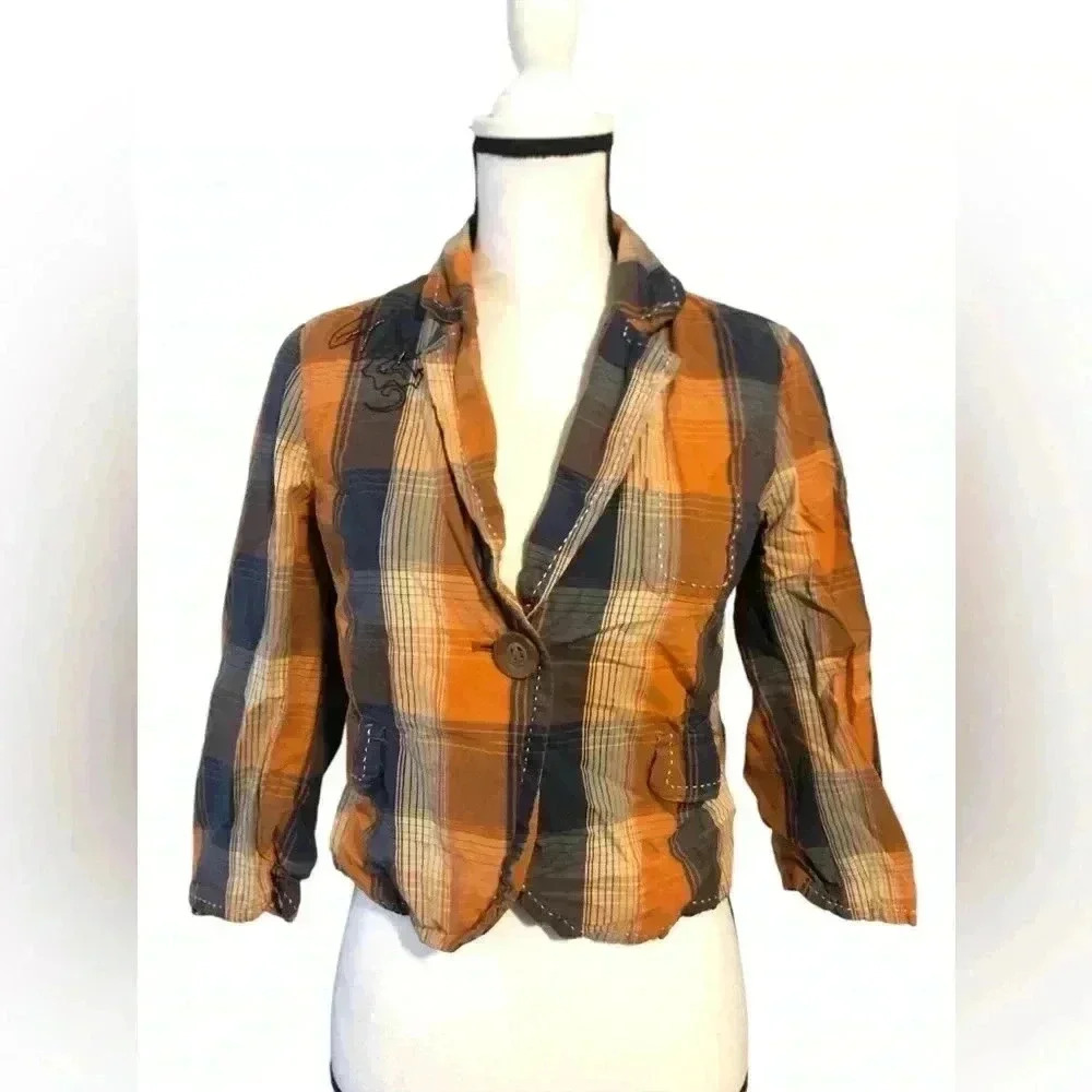 Y2K Old Navy Plaid Embroidered Blazer Size Small